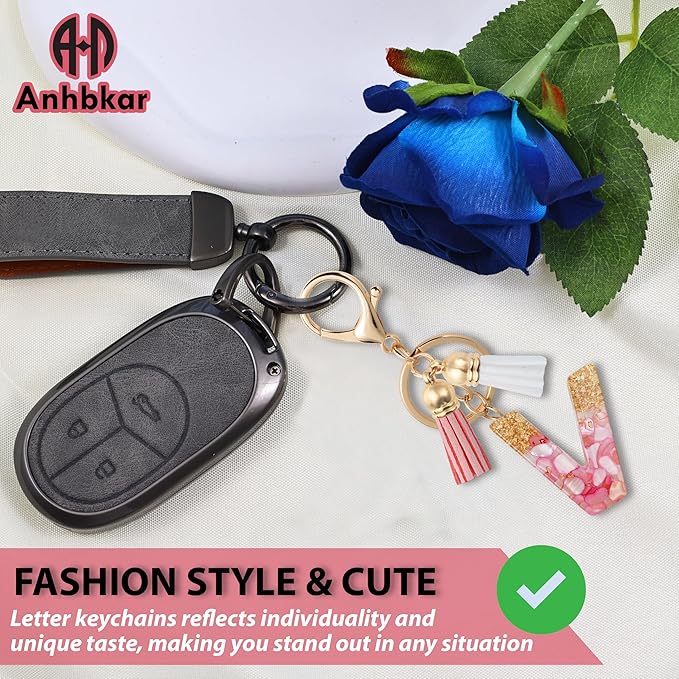 Initial Letter Keychain Cute Resin with 2 PU Tassel, Letter Keychain for Backpack Charms, Initial Keychains for Women