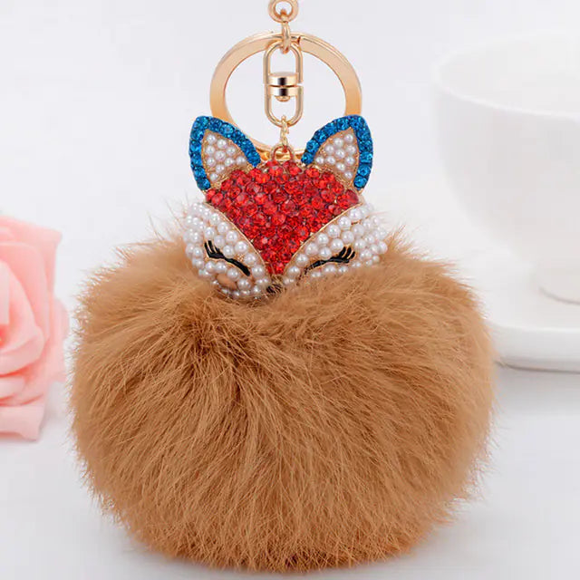 Diamond Fox Head Rabbit Fur Ball Keychain Ornament