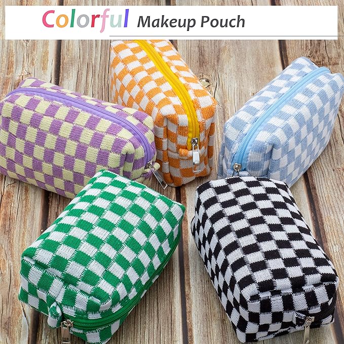 PAZIMIIK Checkered Makeup Bag for Purse Portable Zipper Make Up Pouch Small Cosmetic Case for Travel Accessories (6PCS Black)