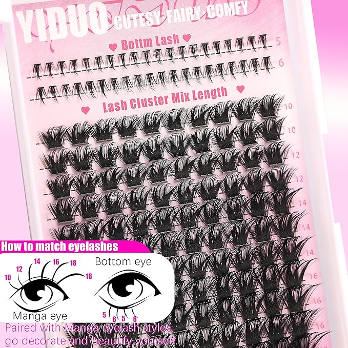 YIDUO Thick Manga Lash Clusters with Bottom Clusters Lashes Extensions Kit 10-18mm Wispy Volume Anime Eyelashes Clusters Kit with Bond and Seal|Eye Liner|Waterproof Eyebrow, DIY Lash Extension Kit