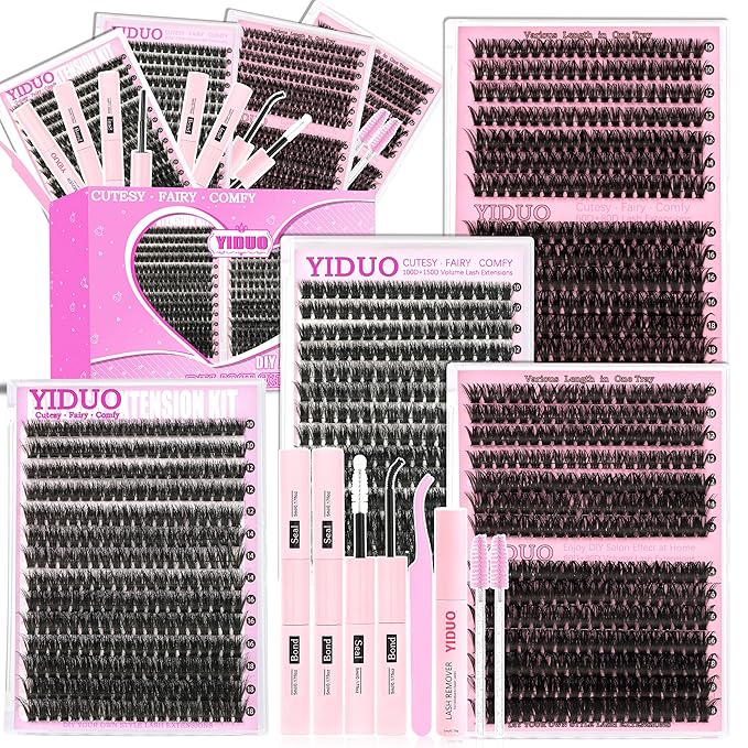 YIDUO 4 Styles Lash Clusters Kit 60D+80D+100D+150D Volume Clusters Lashes Extensions Kit with 2 Bond and Seal 10-18mm Wispy D Curly Full DIY Individual Eyelash Extensions Kit DIY at Home Easily