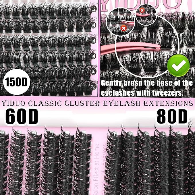 YIDUO 4 Styles Lash Clusters Kit 60D+80D+100D+150D Volume Clusters Lashes Extensions Kit with 2 Bond and Seal 10-18mm Wispy D Curly Full DIY Individual Eyelash Extensions Kit DIY at Home Easily