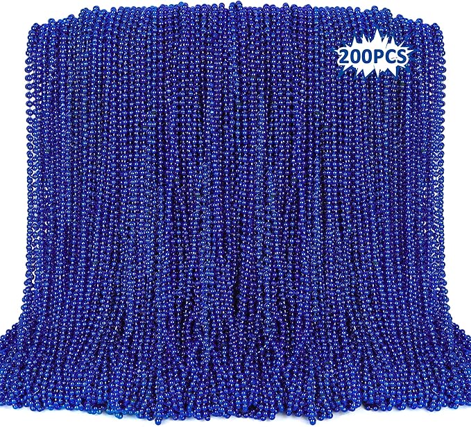 EOBOH 200PCS Blue Beads, 4th of July Blue Beaded Necklaces Stuff, 33" Mardi Gras Necklace Costume Bulk, Parade Throw Party Accessories for Fourth of July Wedding Birthday Events Supplies Decorations