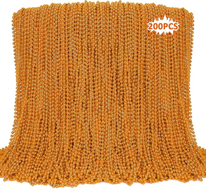 EOBOH 200PCS Bead Necklace, Orange Bead Necklaces Party Favors, 33" Round Beads Halloween Necklaces Bulk, Festival Parade Throw Accessories for Mardi Gras Halloween Wedding Celebrations Decorations