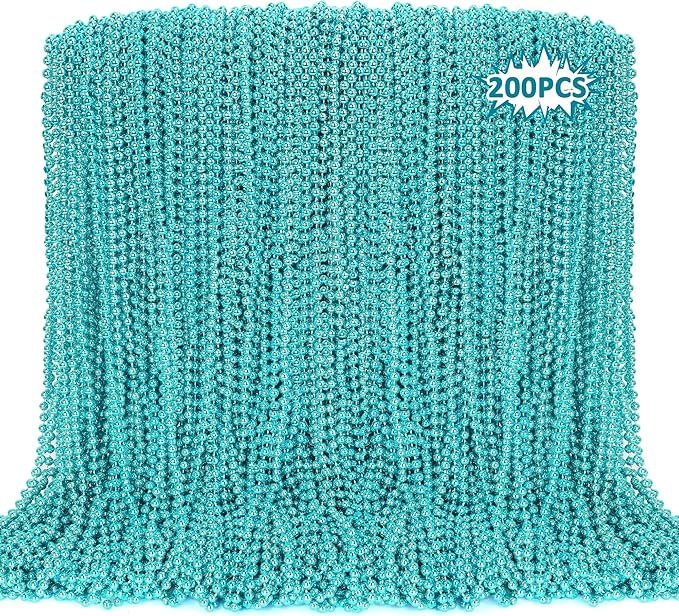 EOBOH 200PCS Mardi Gras Beads, Teal Blue Bead Necklace Party Favors, 33" Mardi Gras Necklace Stuff, Festival Parade Throw Accessories for Wedding Birthday Gender Reveal Party Supplies Decor