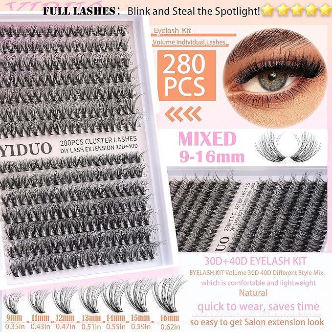YlDUO Lashes Clusters Kit 7 style Mix Clusters Eyelashes Extensions 835Pcs C-Curl Volume Lashes Clusters Kit 9-18mm Wispy DIY Individual Fake Eyelash Extensions Kit DIY at Home Easily