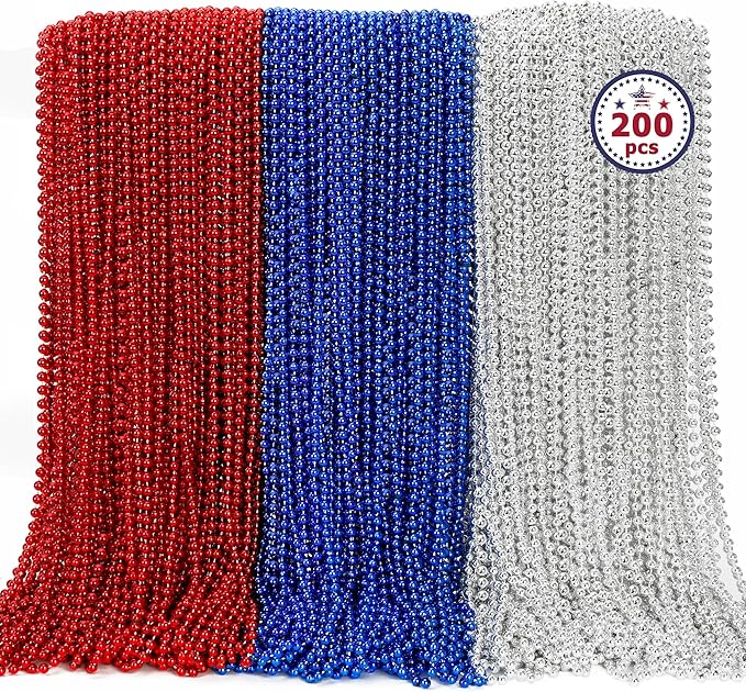 EOBOH 4th of July Necklace, 200PCS Independence Day Beads Toy Necklace Accessories, Fourth of July Red Blue Silver Bulk, Beads Bulk for Patriotic Parade Party Toy Celebration Favors