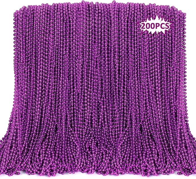 EOBOH 200PCS Mardi Gras Beads, Purple Bead Necklace Party Favors, 33" Holiday Halloween Necklaces Party Parade Throw Accessories, Mardi Gras Halloween Wedding Birthday Celebrations Decorations Bulk