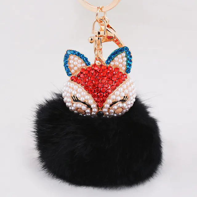 Diamond Fox Head Rabbit Fur Ball Keychain Ornament