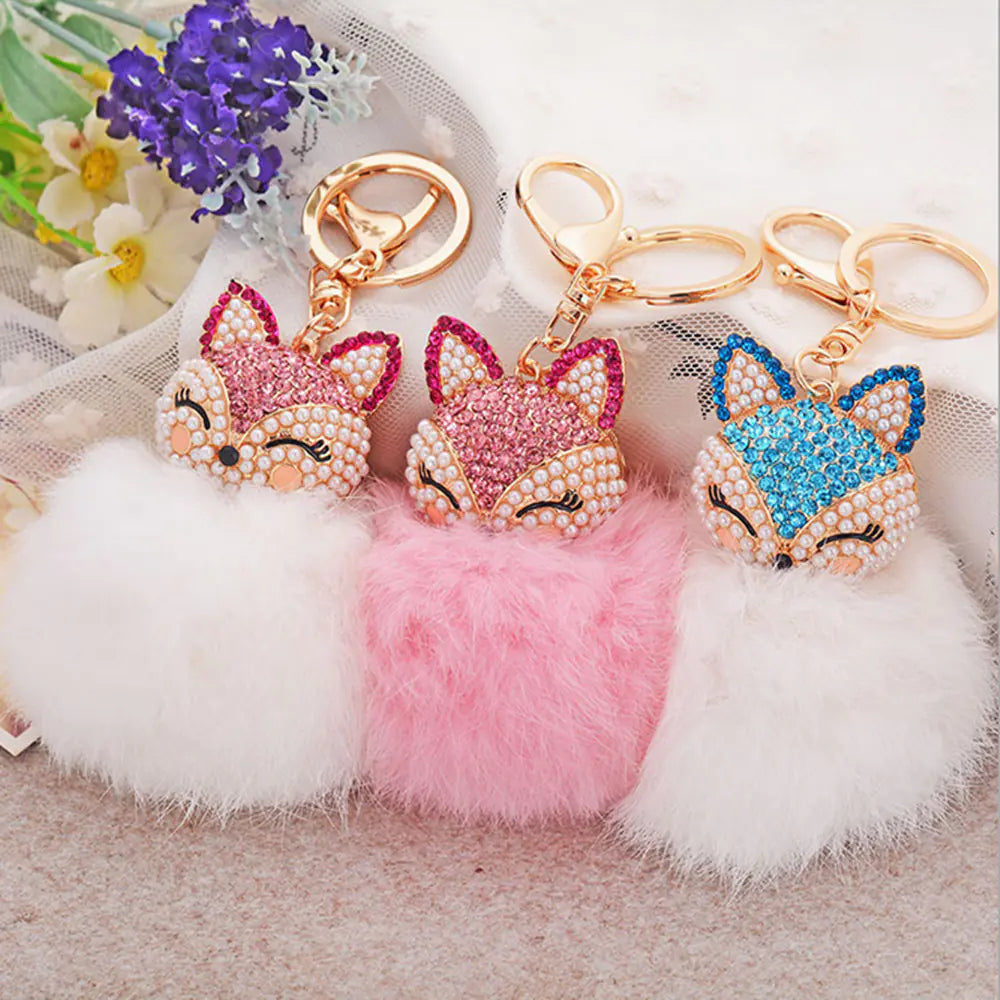 Diamond Fox Head Rabbit Fur Ball Keychain Ornament