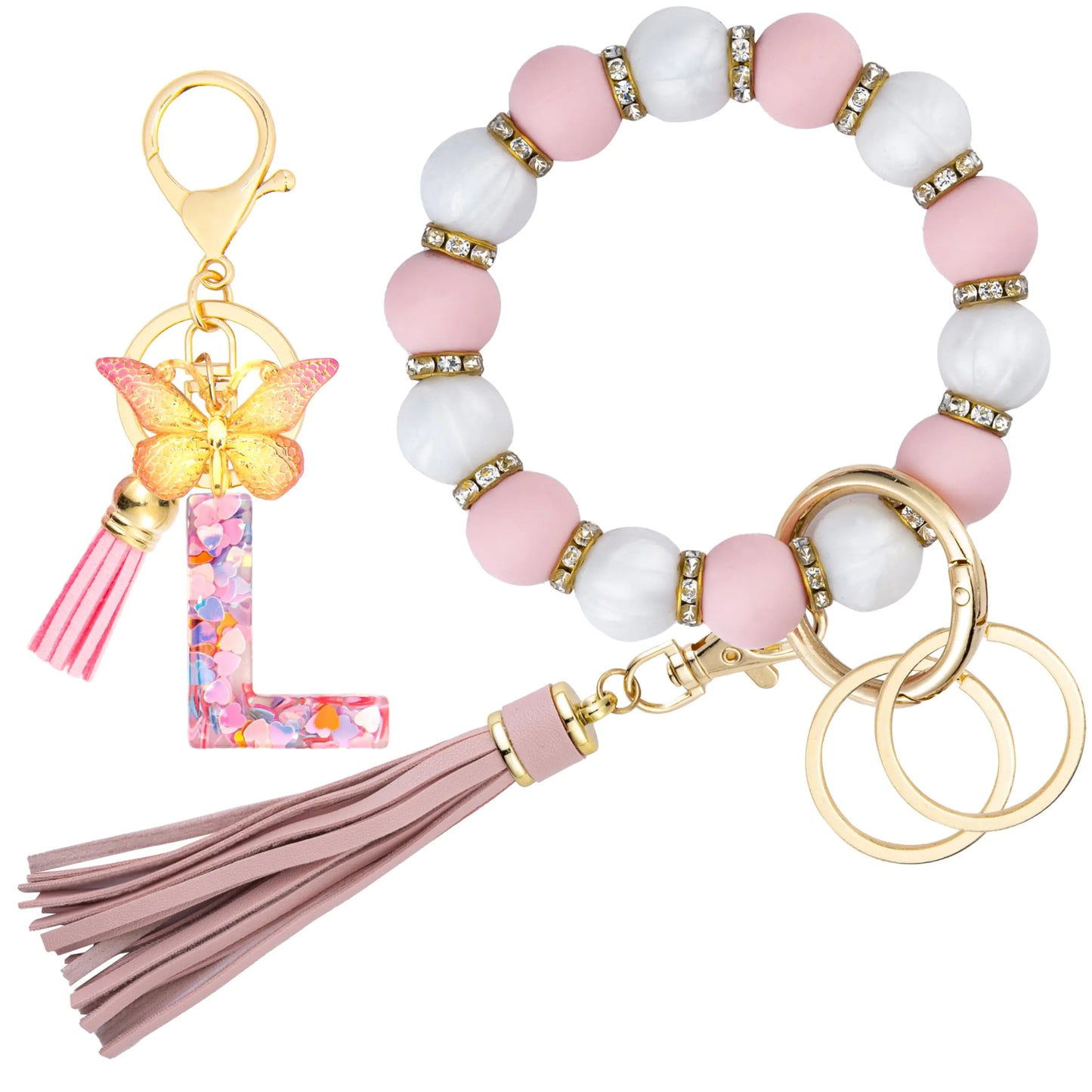 ANHBKAR Wrist Keychain Bracelet with Initial Letter Keychain Set - Silicone Bead Key Ring Keychain - Letter Gifts Keychains for Women Girls