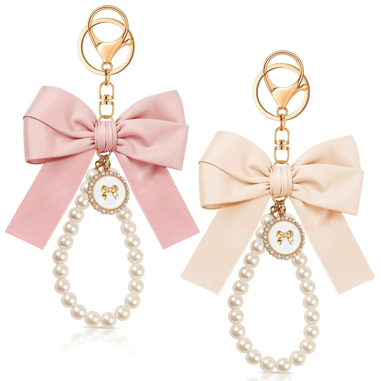 Neptniopllab Pink Bow Pearl KeychainPink KeychainSilk Bow KeychainPink Pearl Bowknot Wristlet Keyring for GirlsWomenPurse Charms (Pink & White (2 Pcs))
