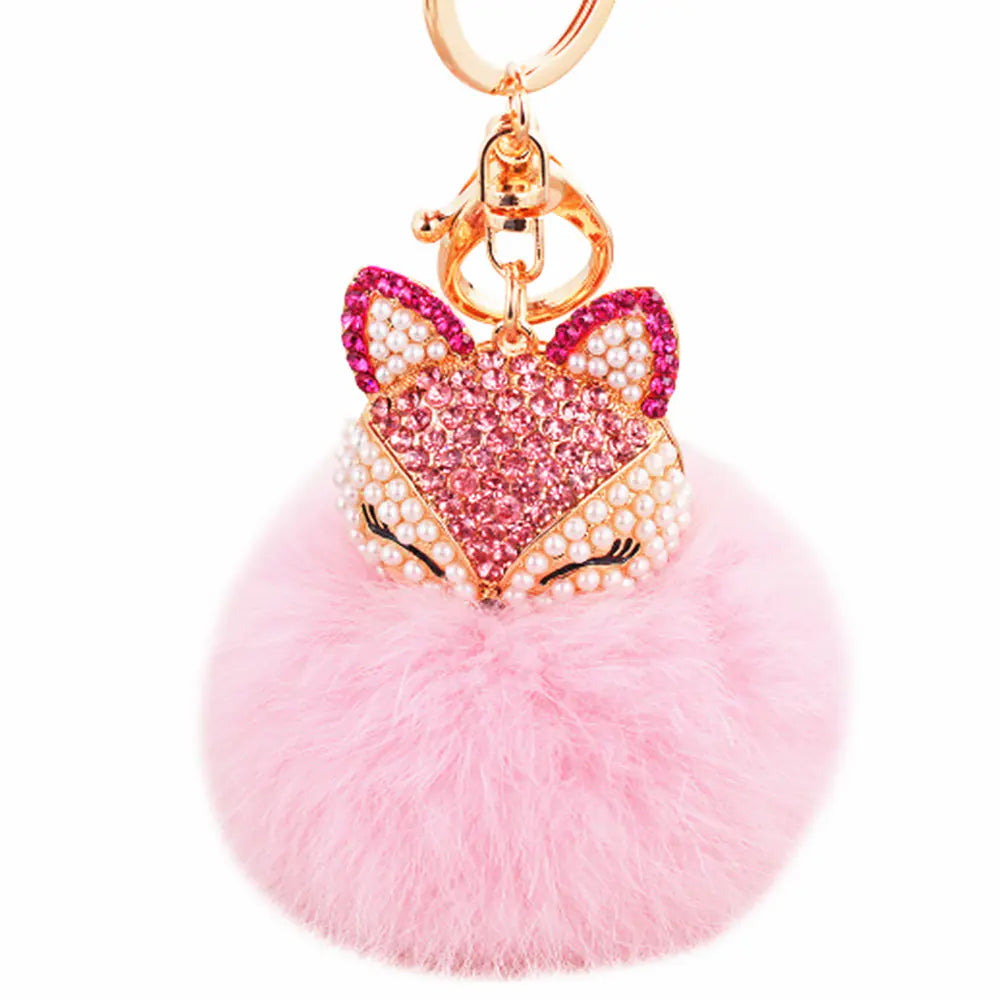 Diamond Fox Head Rabbit Fur Ball Keychain Ornament