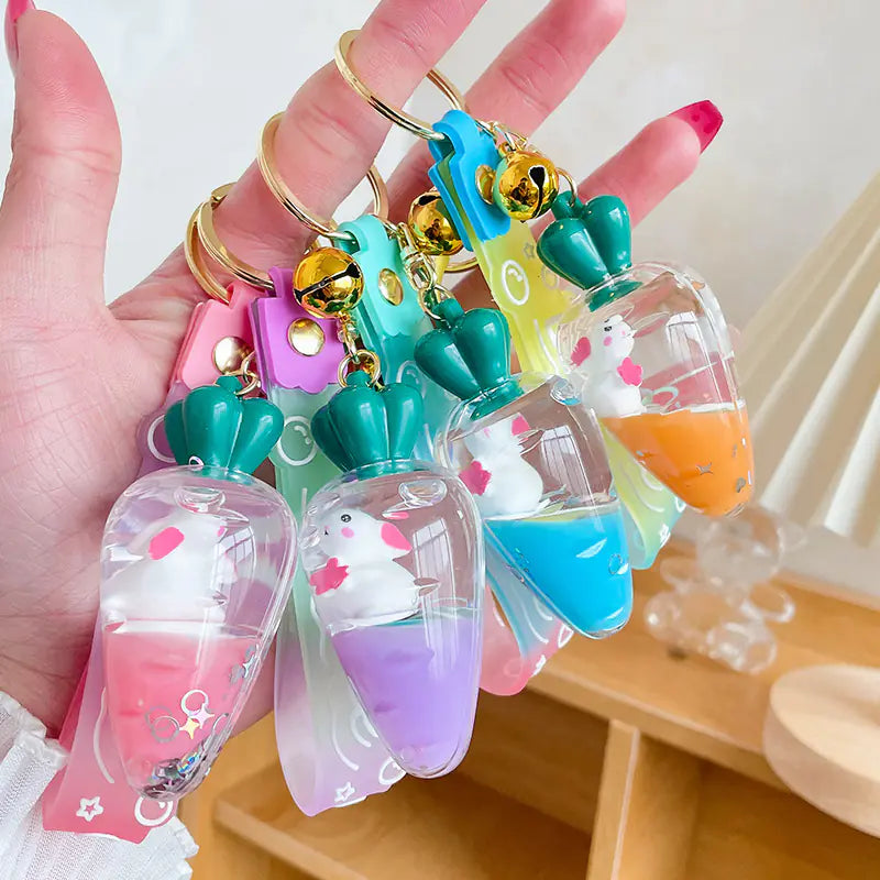 Carrot Rabbit Keychain with Floating Liquid Pendant