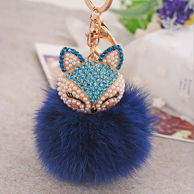 Diamond Fox Head Rabbit Fur Ball Keychain Ornament
