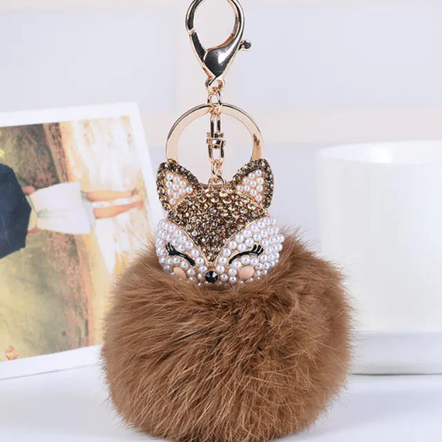 Diamond Fox Head Rabbit Fur Ball Keychain Ornament