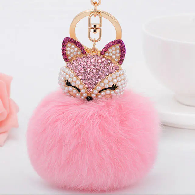 Diamond Fox Head Rabbit Fur Ball Keychain Ornament