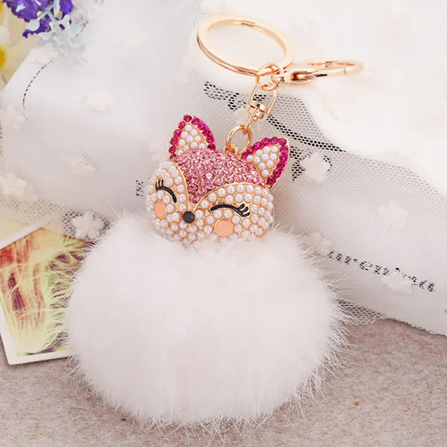 Diamond Fox Head Rabbit Fur Ball Keychain Ornament