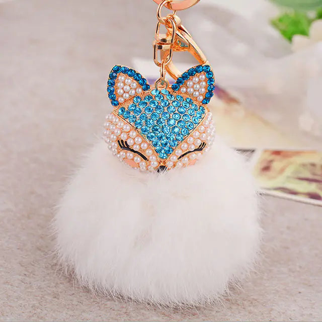 Diamond Fox Head Rabbit Fur Ball Keychain Ornament
