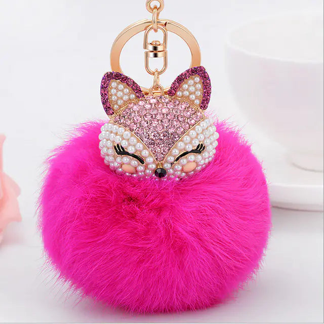 Diamond Fox Head Rabbit Fur Ball Keychain Ornament