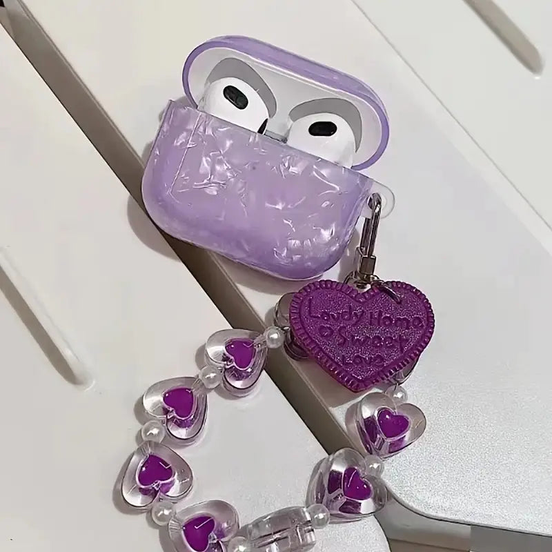Purple Shell Pattern AirPods Case with Heart Keychain