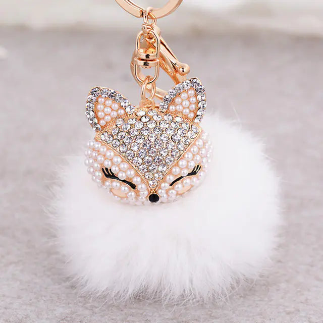 Diamond Fox Head Rabbit Fur Ball Keychain Ornament