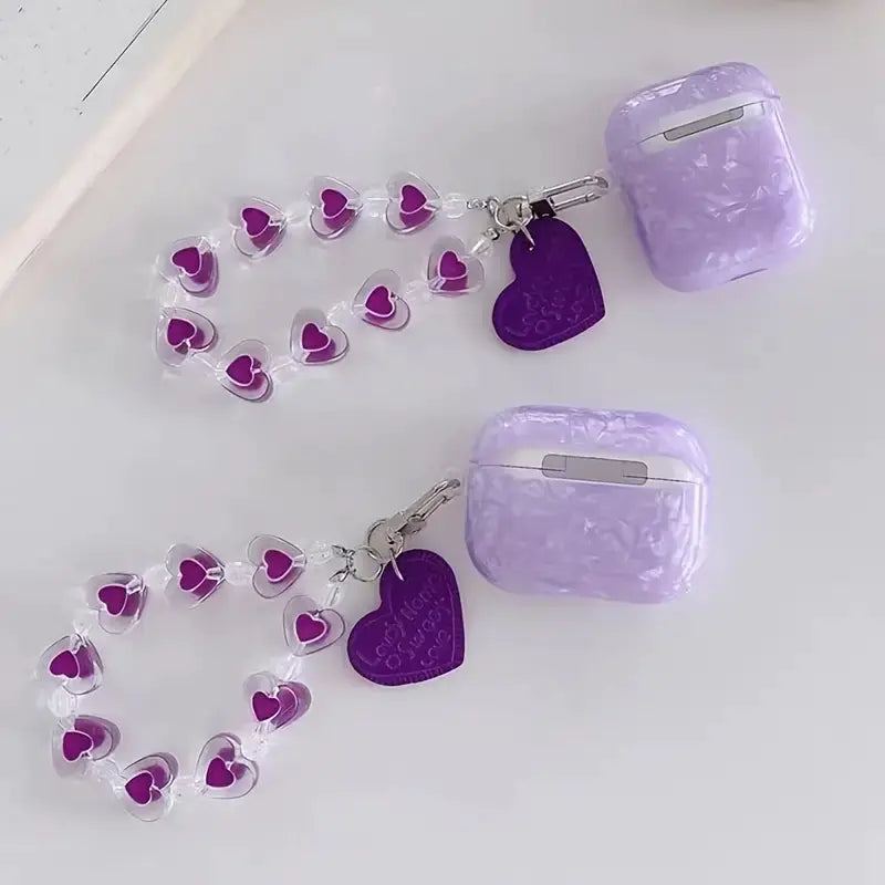 Purple Shell Pattern AirPods Case with Heart Keychain