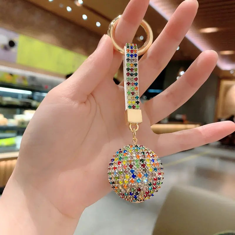Multicolor Rhinestone Crystal Ball Keychain with Leather Strap
