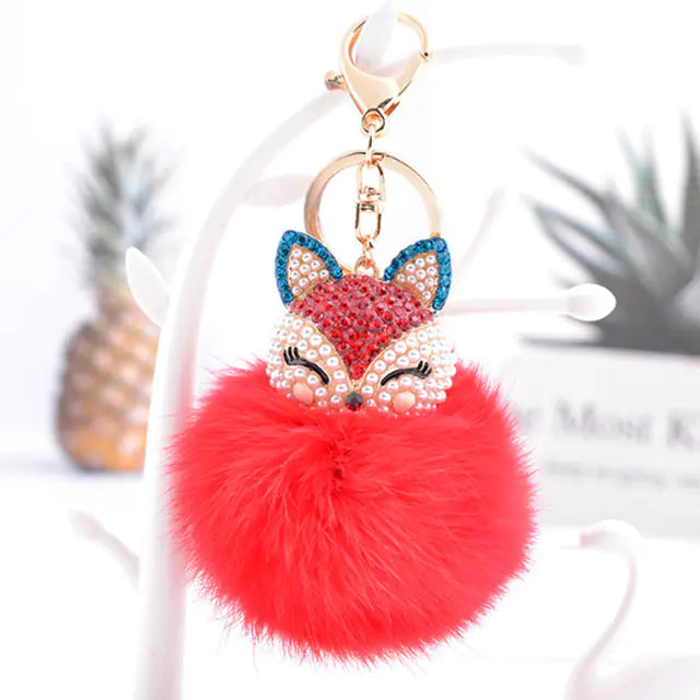 Diamond Fox Head Rabbit Fur Ball Keychain Ornament