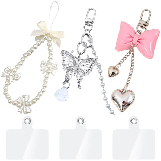 Atarvana 3pcs Cute Phone Charms with 3pcs Universal Phone Lanyard Tab Pink Bowtie Phone Charm Strap Butterfly Pearl Beaded Aesthetic Phone Chain for Phone Keychain Airpods Bag Pendants Decor