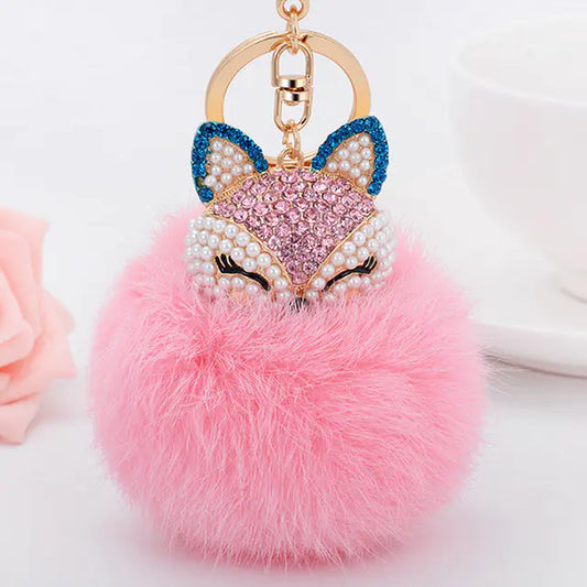 Diamond Fox Head Rabbit Fur Ball Keychain Ornament